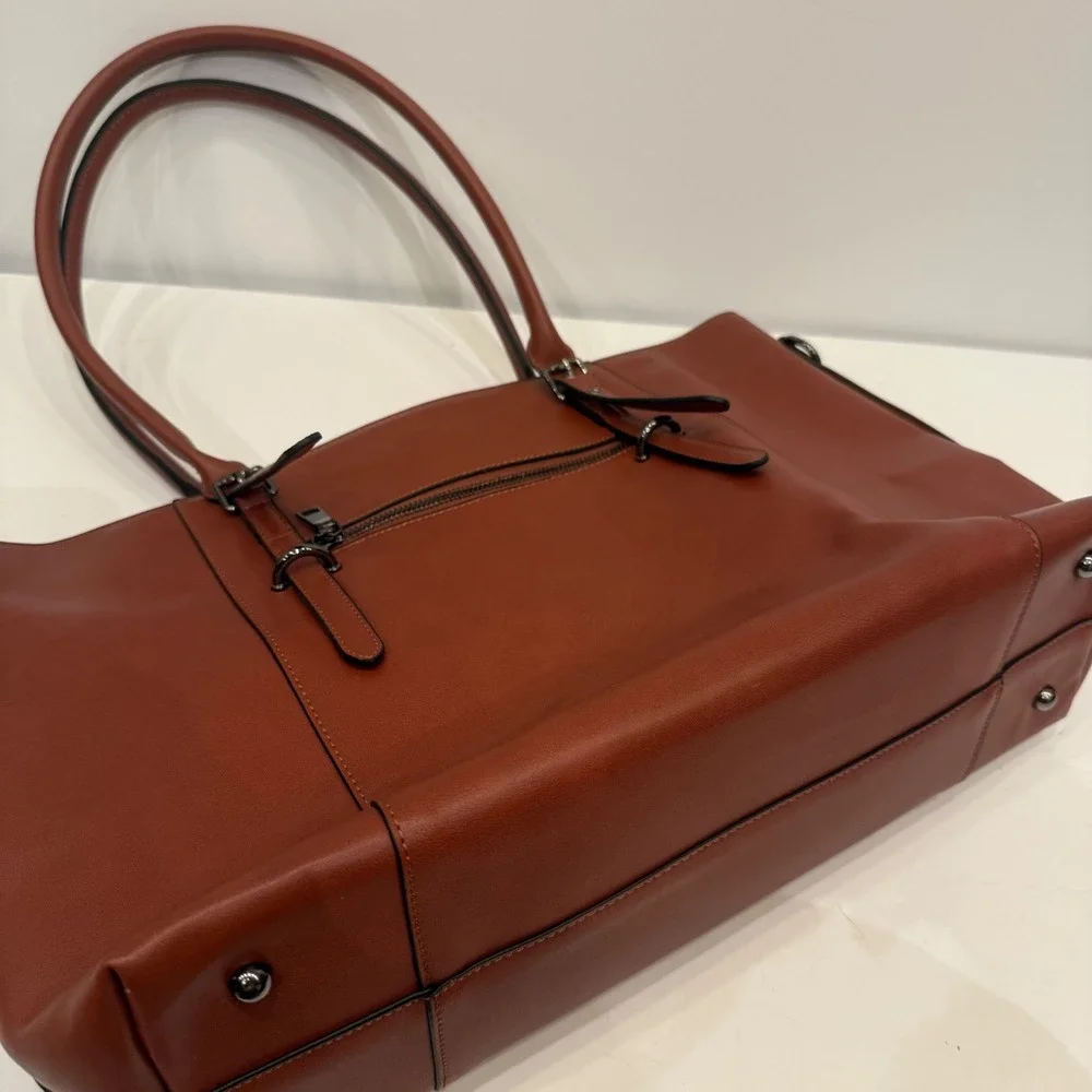 Mosiso Brown Vegan Leather Laptop Tote Bag Work Travel Briefcase Crossbody Strap - Picture 3 of 7